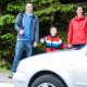 Family crossing the street