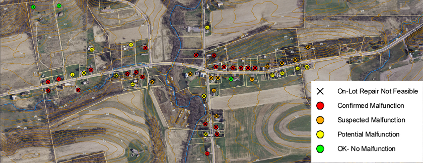 Map of malfunctioning on-lot disposal systems in Kelly Crossroads
