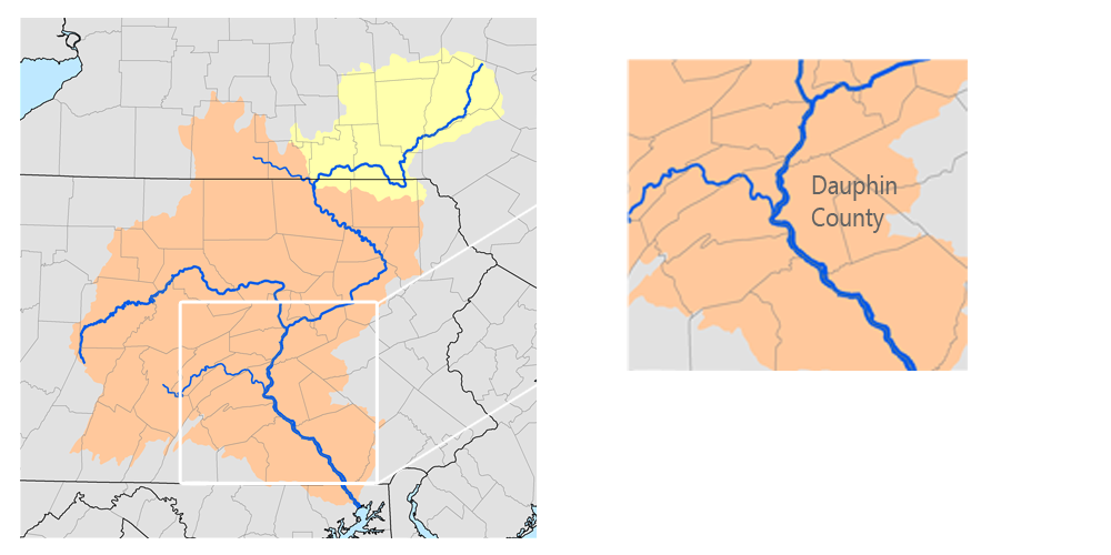 Map of the Susquehanna River Watershed with Dauphin County inset