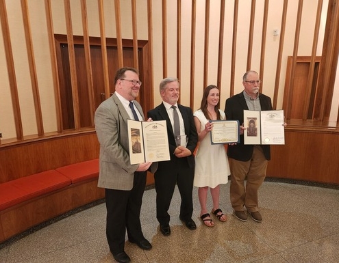 Erin Letavic and Steve Deck (of the Tri-County Regional Planning Commission) accept the 2023 Governor's Award for Local Government Excellence for the Dauphin County Water Resources Enhancement Program (WREP)