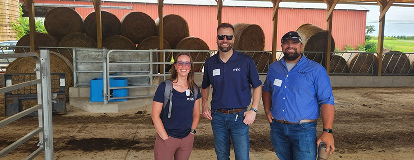 Erin Letavic, Josh Yetter Clark, and Nick Hepful visit a beef farm to discuss agricultural conservation BMPs.