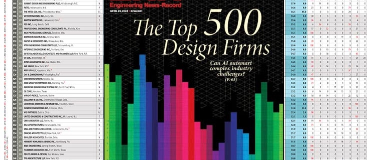 Cover of ENR Top 500 Design Firms 2024 edition is imposed over a grid of the rankings