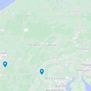a map of Pennsylvania and the surrounding states that shows pinpoints for the new offices in Fayette and Maryland