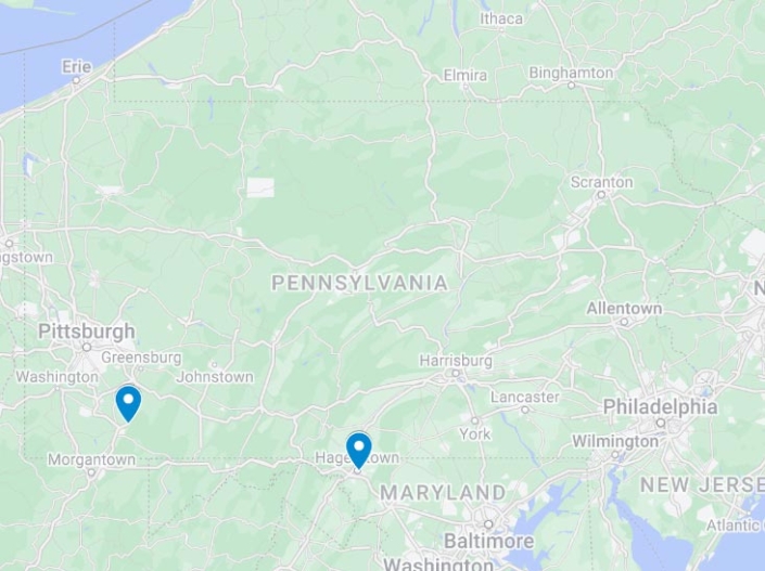 a map of Pennsylvania and the surrounding states that shows pinpoints for the new offices in Fayette and Maryland