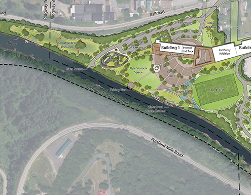 Rendering of Ridgway Borough Riverfront master plan shows an aerial view of the project area with campground, building renovations, nature play area, fishing pier, trail, pump track, and other feaures drawn on top.