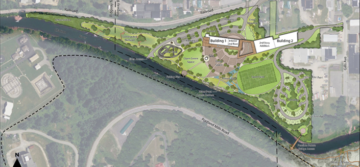 Rendering of Ridgway Borough Riverfront master plan shows an aerial view of the project area with campground, building renovations, nature play area, fishing pier, trail, pump track, and other feaures drawn on top.