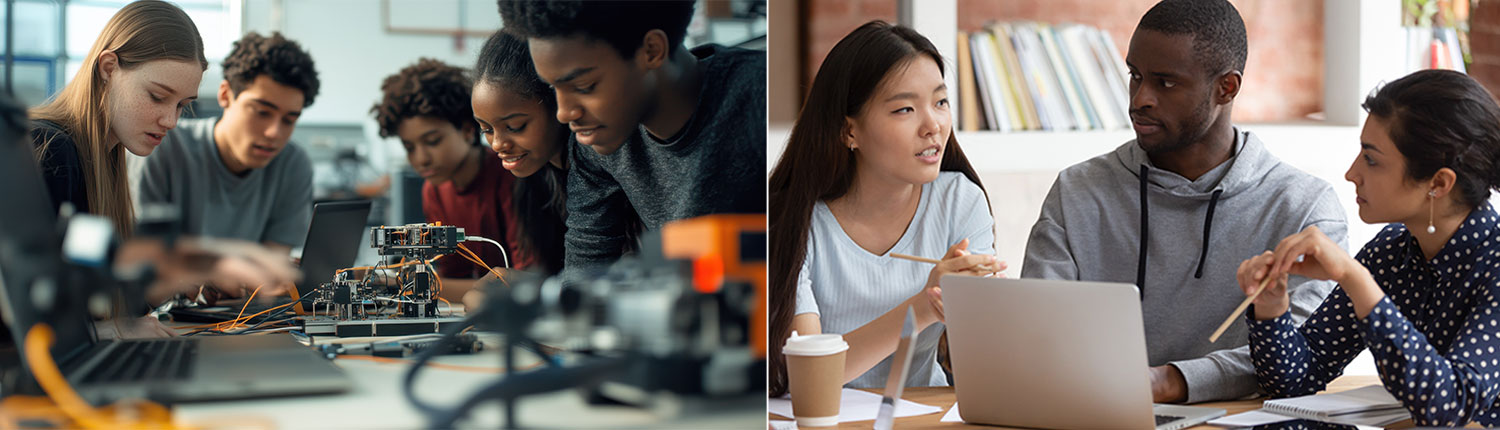 2 photos of college students working in groups: building electronics and working on a laptop computer